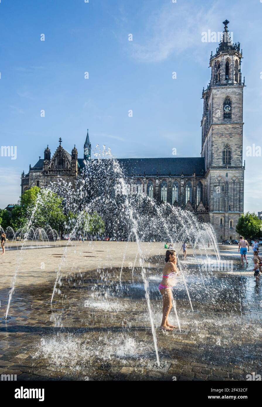 Brunnen am Domplatz Magdenurg vor dem Hintergrund des gotischen Baustils Magdeburger Dom, Sachsen-Anhalt, Deutschland Stockfoto