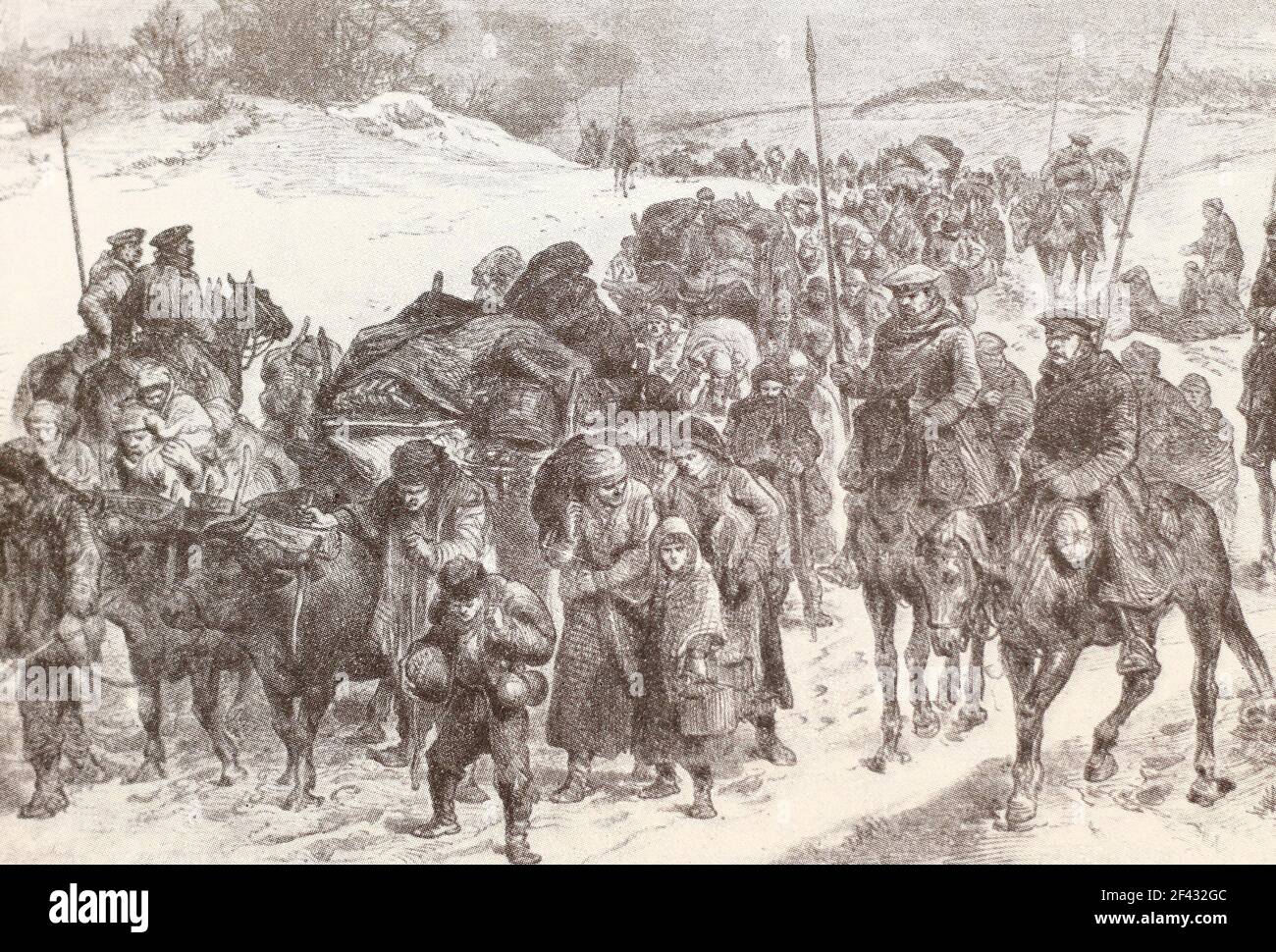 Rückkehr der bulgarischen Flüchtlinge nach Hause unter dem Schutz der russischen Soldaten. Gravur von 1878. Stockfoto