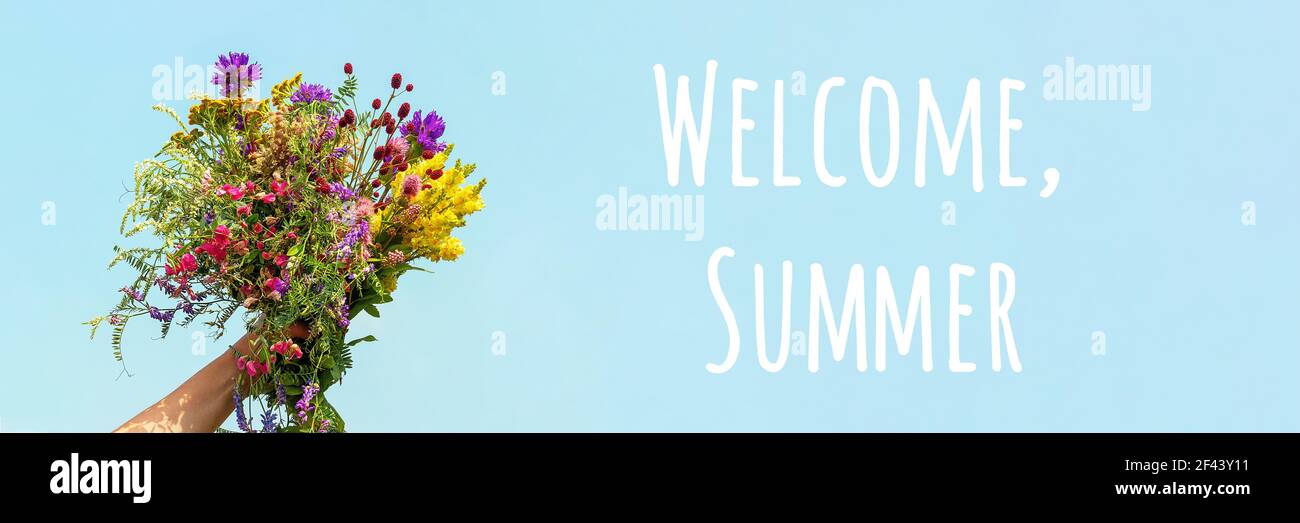 Begrüßungstext für den Sommer. Weibliche Hand hält helle bunte Bouquet von wilden Blumen gegen blauen Himmel. Hallo Sommerkonzept. Stockfoto