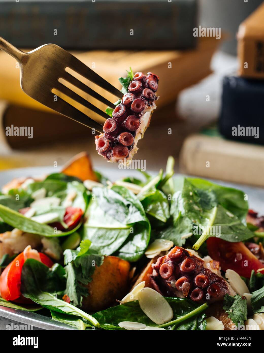 Gourmet-Salat mit Meeresfrüchten und gezackten Tintenfisch-Tentakel Stockfoto