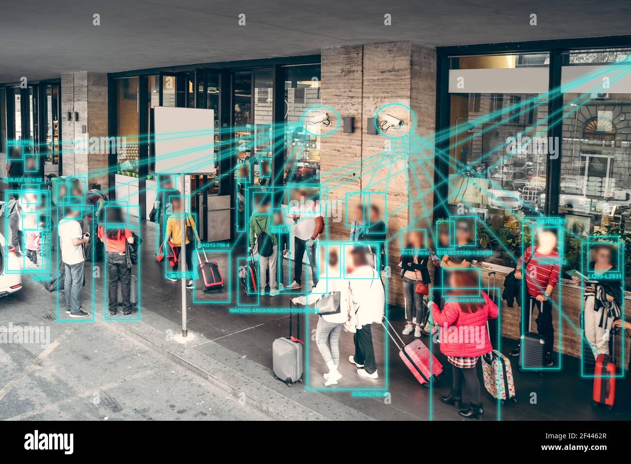 KI Gesicht und menschliche Erkennung Maschinentechnologie, automatische Lernsoftware für digitale Analyse und Erkennung von Menschen. Safety City in Zukunft Konzept. Stockfoto