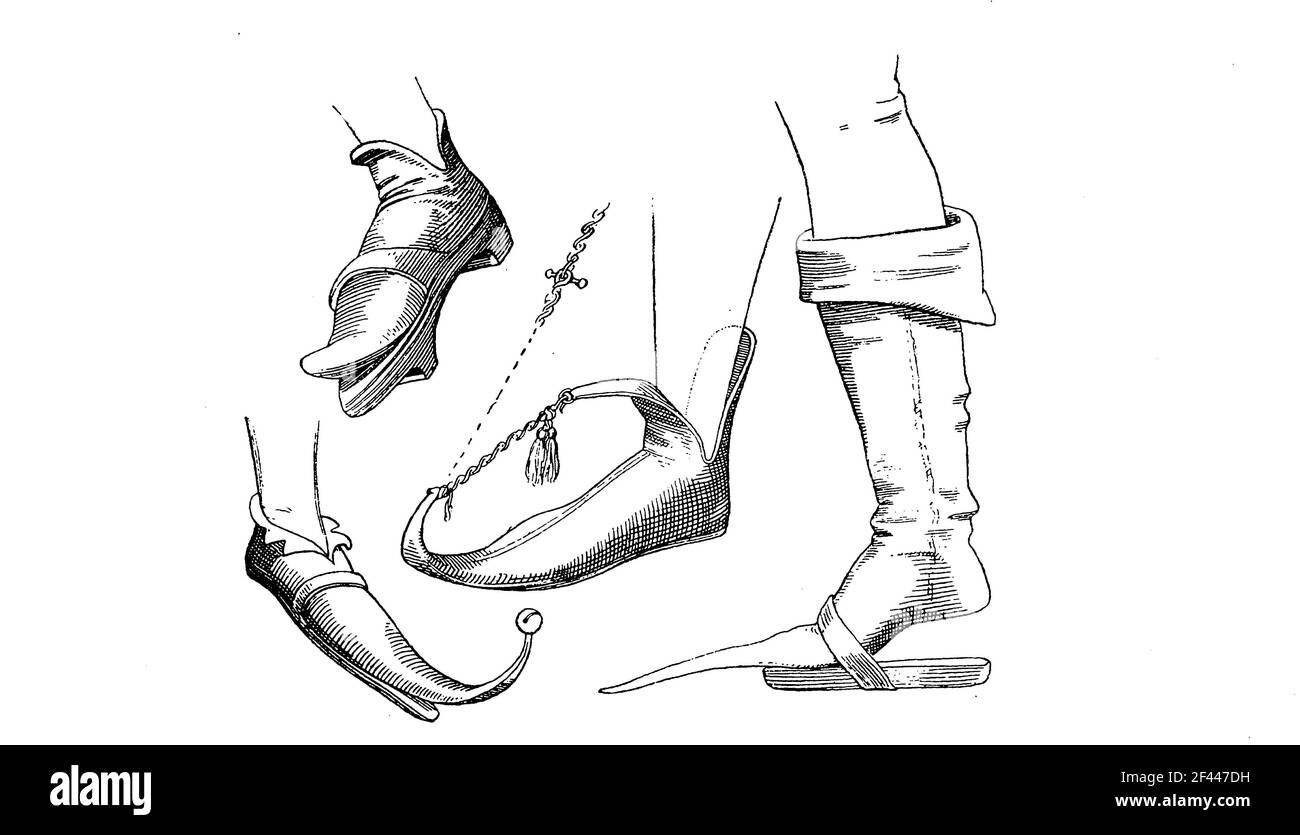 Schuhmode, diverse Crakows oder Crakows, waren ein Schuhstil mit extrem langen Zehen sehr beliebt im 15th. Jahrhundert, 15. Jahrhundert, Modegeschichte, Kostümgeschichte / Schuhmode, verschiedene Crakows oder Crackowees, waren ein Schuhmodell mit extrem langen Zehen, das im 15. Jahrhundert sehr beliebt Krieg, 15. Jahrhundert, Modegeschichte, Kostümgeschichte, Historisch, historisch, Digitale verbesserte Reproduktion eines Originals aus dem 19th. Jahrhundert / digitale Reproduktion einer Originalvorlage aus dem 19. Jahrhundert, Stockfoto