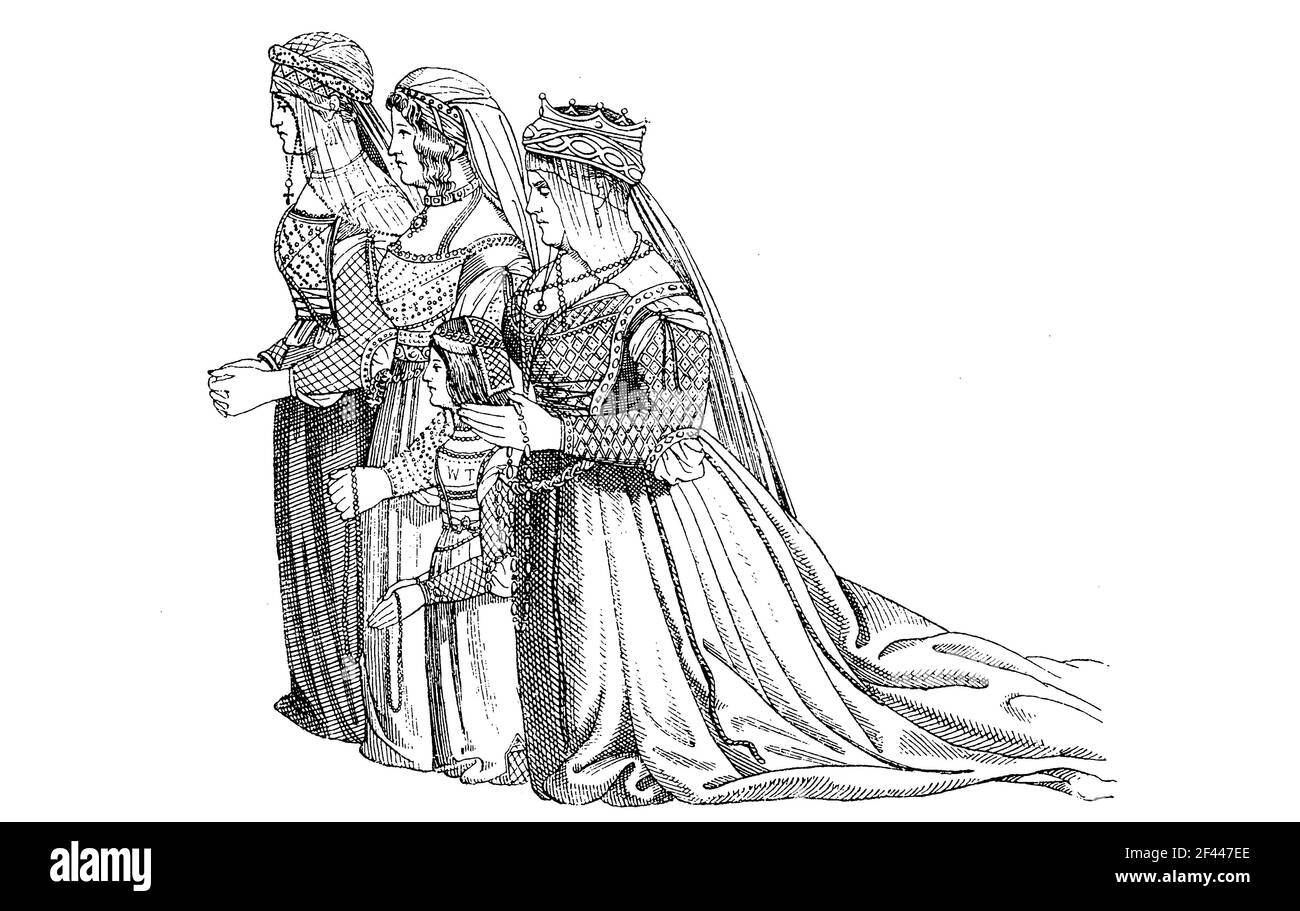 Italien, Venedig, edle venezianische Frauenkostüm, hier die Königin von Eppern und ihre Dame, 15th Jahrhundert / Italien, Venedig, nehme venezianische womanentracht, hier die Koenigin von Eppern und ihre Lady, 15. Jahrhundert, Historisch, historisch, Digitale verbesserte Reproduktion eines Originals aus dem 19th. Jahrhundert / digitale Reproduktion einer Originalvorlage aus dem 19. Jahrhundert, Stockfoto