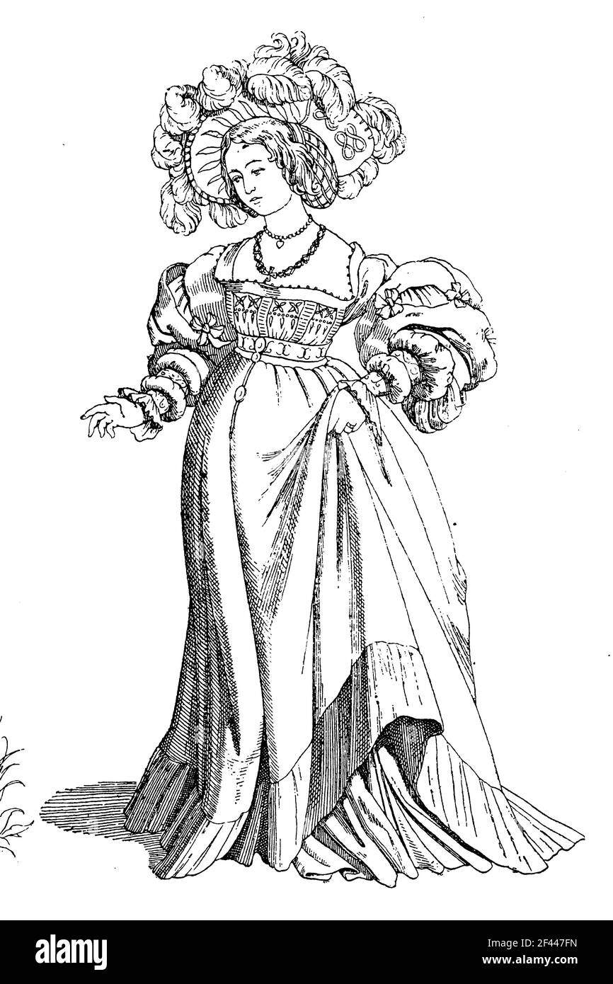 deutsche Dame im Jahr 1520, Modegeschichte, Kostümgeschichte / deutsche Dame im Jahr 1520, Modegeschichte, Kostümgeschichte, Historisch, historisch, Digitale verbesserte Reproduktion eines Originals aus dem 19th. Jahrhundert / digitale Reproduktion einer Originalvorlage aus dem 19. Jahrhundert, Stockfoto deutsche Dame im Jahr 1520, Modegeschichte, Kostümgeschichte / deutsche Dame im Jahr 1520, Modegeschichte, Kostümgeschichte, Historisch, historisch, Digitale verbesserte Reproduktion eines Originals aus dem 19th. Jahrhundert / digitale Reproduktion einer Originalvorlage aus dem 19. Jahrhundert, Stockfoto