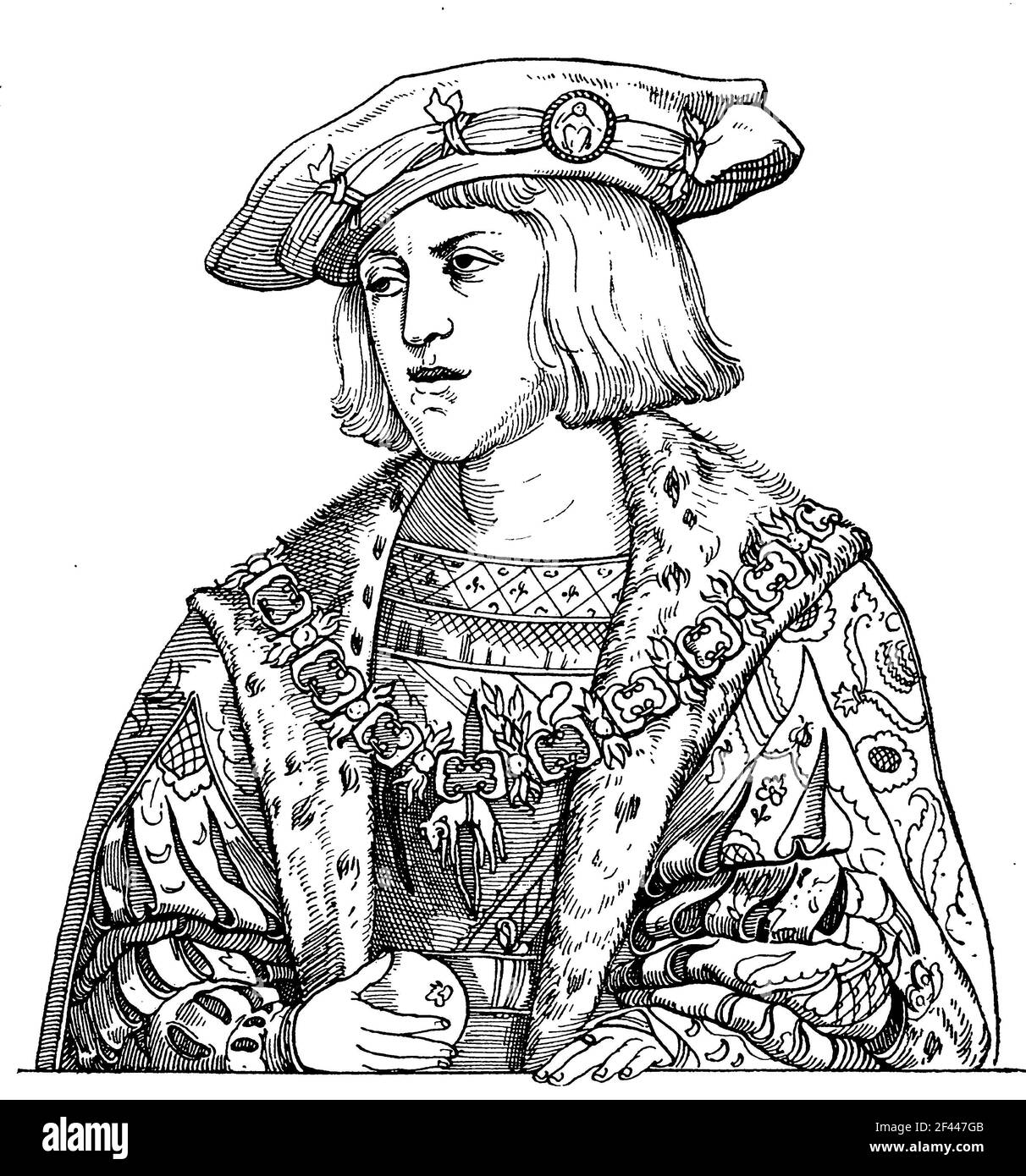 Der junge Karl V., Heiliger Römischer Kaiser, 1519, mit Kolbe und besticktem Hemd, Modegeschichte, Kostümgeschichte / der junge Karl V., Kaiser des Heiligen Römischen Reiches, 1519, mit Kolbe und gesticktem Hemd, Geschichte der Mode, Kostümgeschichte, Historisch, historisch, Digitale verbesserte Reproduktion eines Originals aus dem 19th. Jahrhundert / digitale Reproduktion einer Originalvorlage aus dem 19. Jahrhundert, Stockfoto