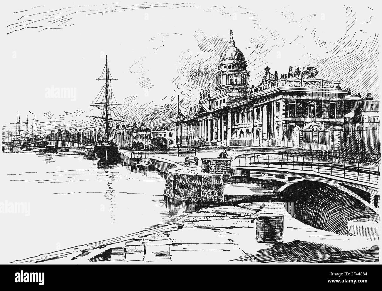 19th Jahrhundert Illustration des neoklassischen Custom House, erbaut von James Gandon zwischen 1781 und 1791 am Fluss Liffey gelegen. Obwohl das Gebäude ursprünglich für die Erhebung von Zollgebühren konzipiert war, wurde es bald als Nervenzentrum des lokalen Regierungsrates für Irland genutzt. Während des irischen Unabhängigkeitskrieges 1921 brannte die IRA das Gebäude in Brand und verursachte irreparable Schäden im Inneren des Gebäudes, die viele historische Dokumente brannten. Es wurde 1928 wieder aufgebaut. Stockfoto