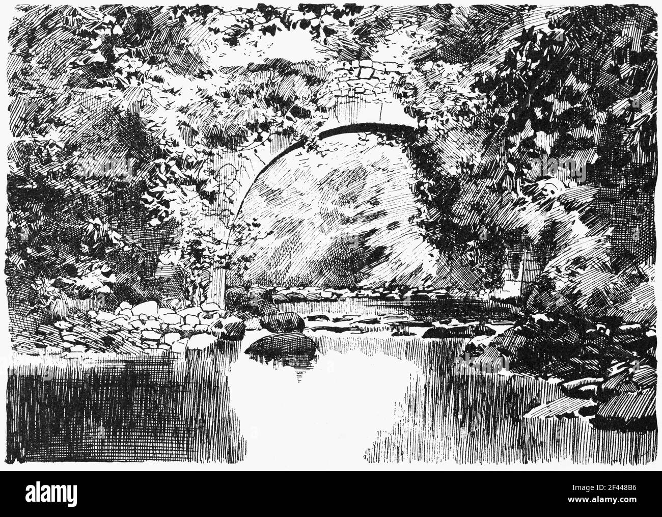 Eine Skizze aus dem 19th. Jahrhundert der alten Brücke über den Fluss Dargle in Dargle Glen, Grafschaft Wicklow., Irland Stockfoto