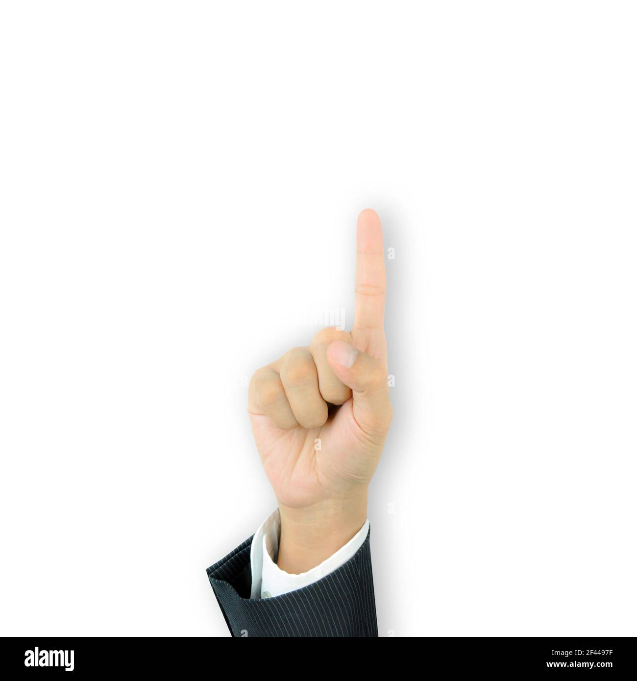 Hand zeigt mit Zeigefinger nach oben - isoliert auf weiß Hintergrund Stockfoto