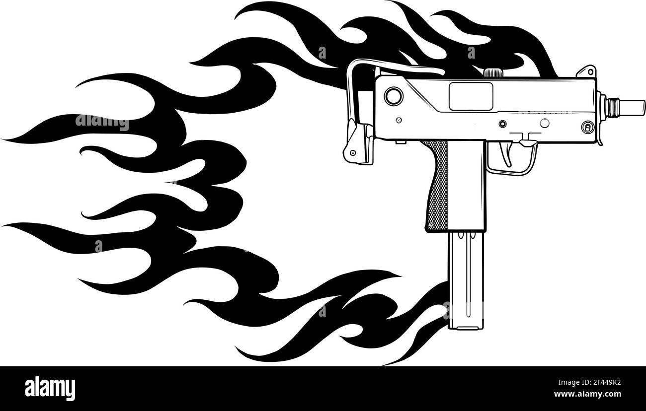 Zeichnen Sie die Vektordarstellung eines s in Schwarz-Weiß uzi Pistole mit Flammen Stock Vektor