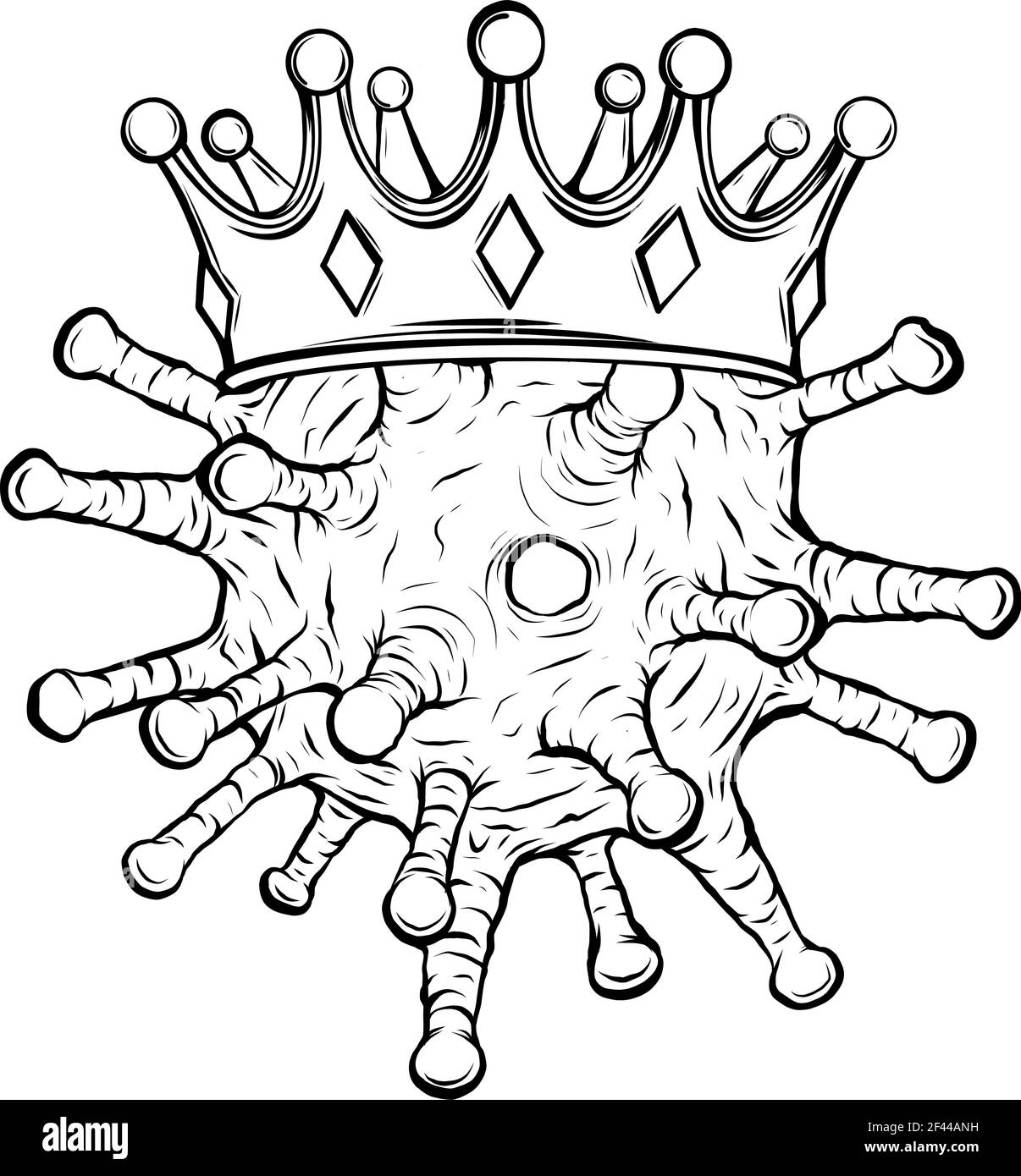 Zeichnen Sie in schwarz und weiß von Coronavirus in einer Karikatur Stil mit Krone Stock Vektor