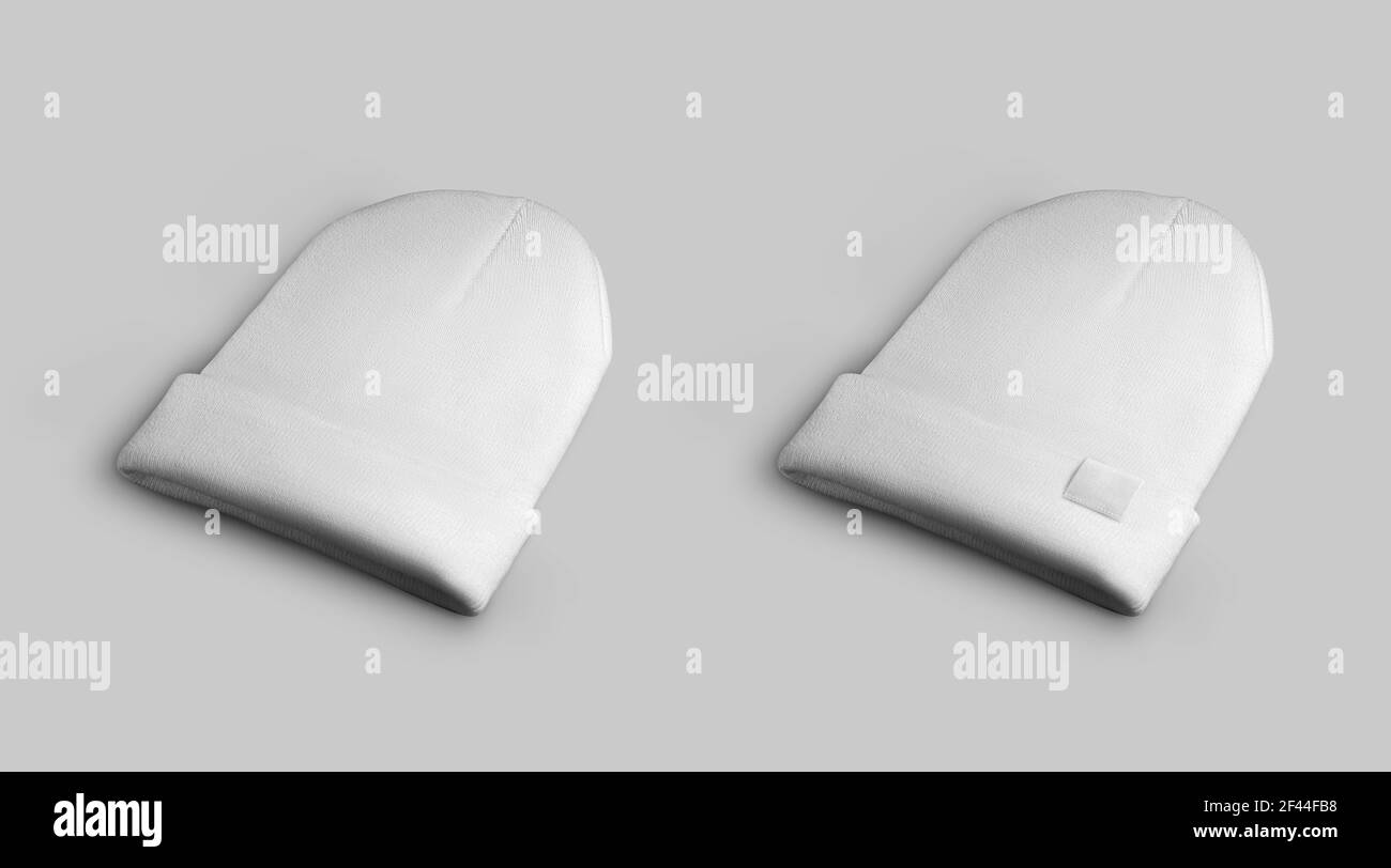Warm, blank, weiße Beanie Mockup mit Tag, stilvolle Winterhut für Design-Präsentation, Druck, Logo. Modische Kopfbedeckung Vorlage isoliert auf Rückengro Stockfoto