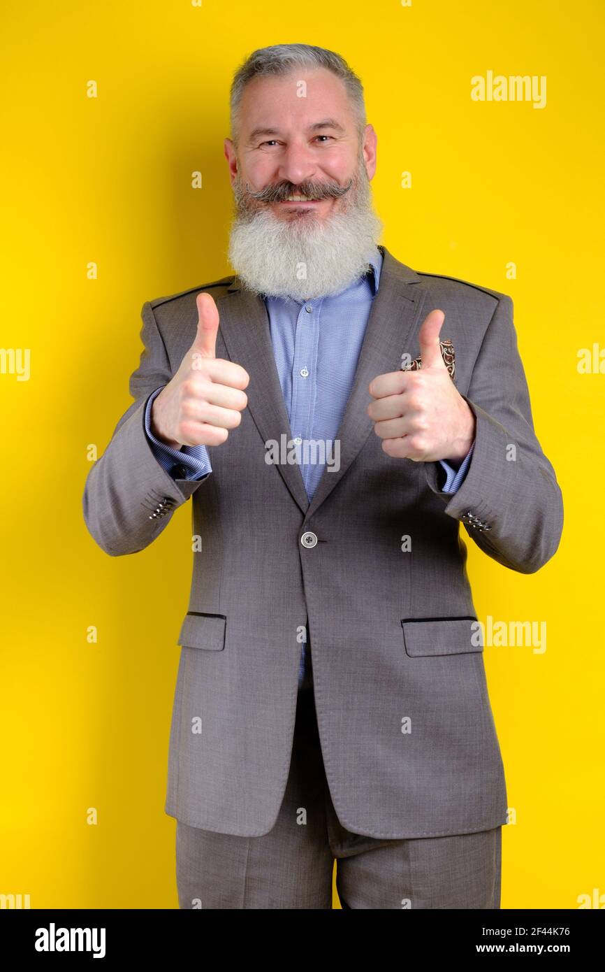 Studio Porträt reifen bärtigen Geschäftsmann in grauen Anzug gekleidet zeigt Daumen nach oben, erfolgreiche Geschäftskonzept, gelber Hintergrund Stockfoto