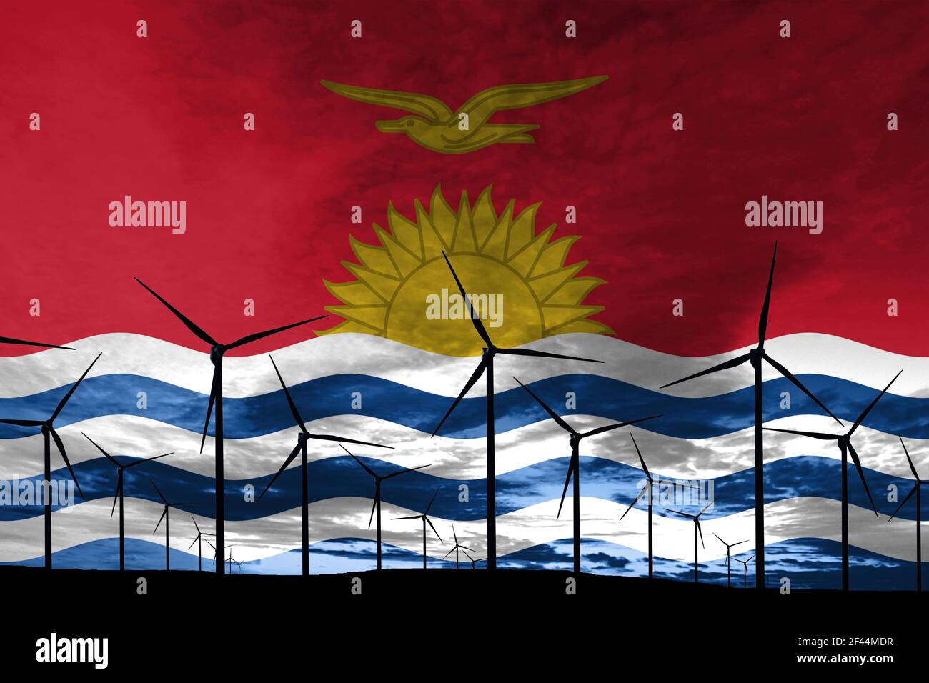 Kiribati Flagge Windpark bei Sonnenuntergang, nachhaltige Entwicklung, erneuerbare Energie Windkraftanlagen Stockfoto