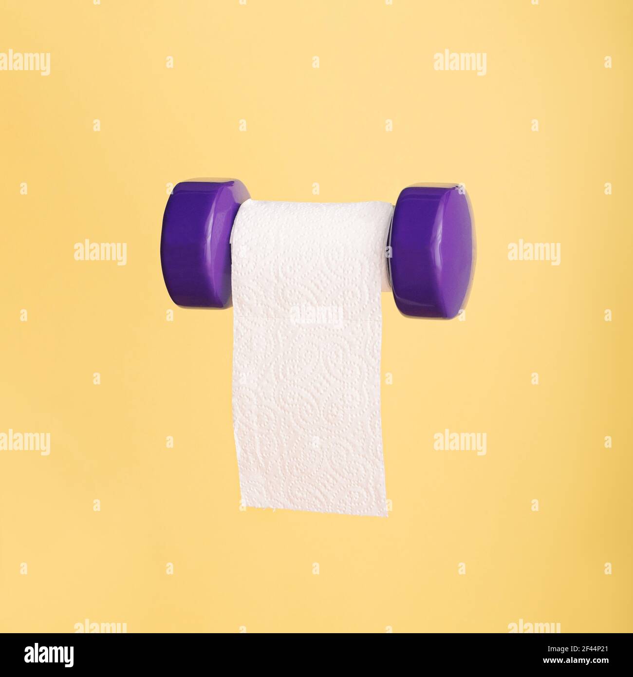 Lustige Fitness-Konzept mit Toilettenpapier hängen auf lila Übung Hantel  Gewicht auf gelbem Hintergrund Stockfotografie - Alamy