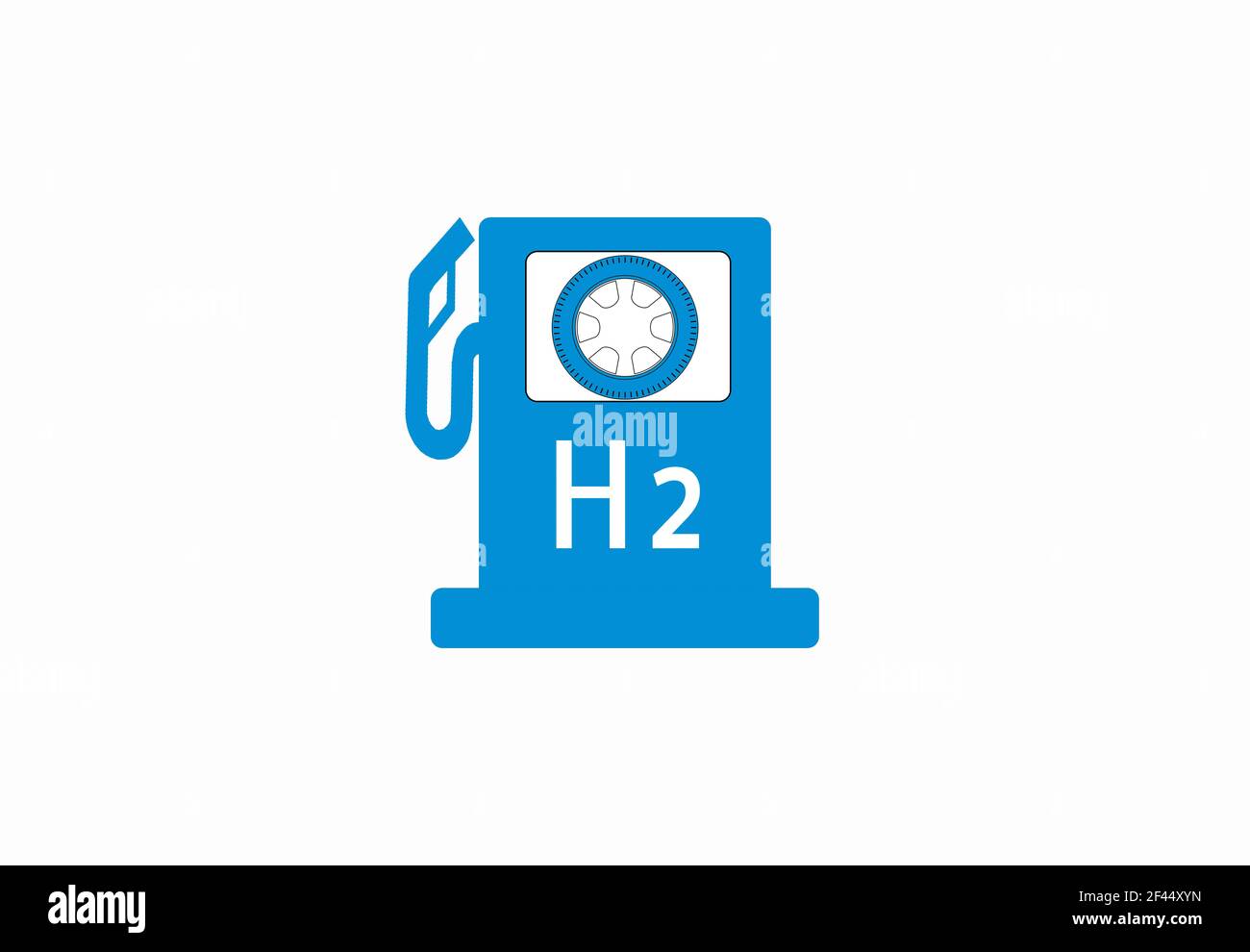 Blaue Tankstelle für H2 Wasserstoff Logo Stockfoto