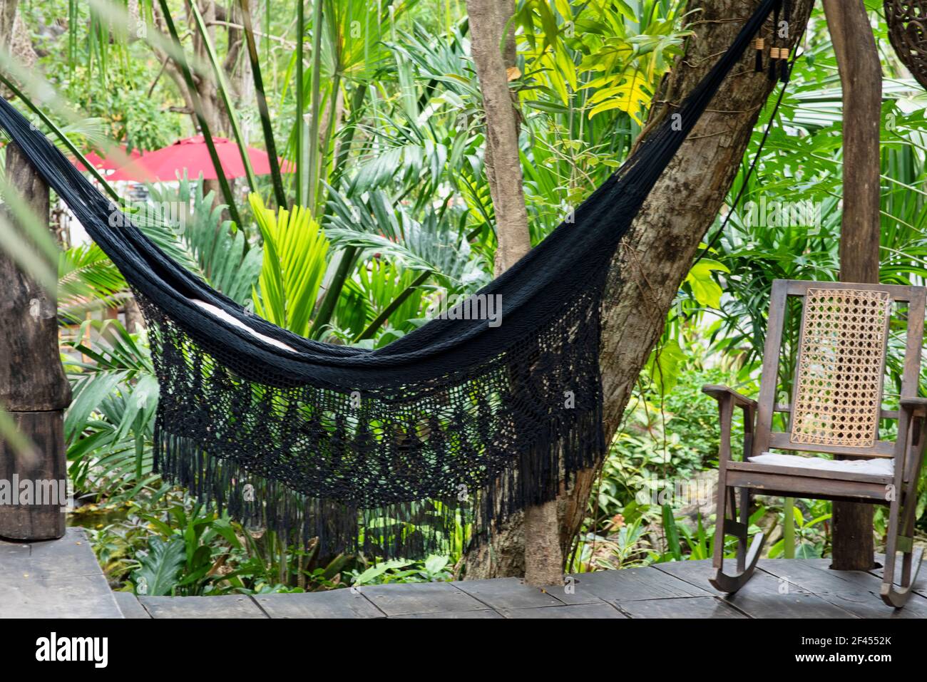 Eine Hängematte, die an zwei Bäumen auf einer Holzterrasse inmitten eines tropischen Waldes in Mexiko hängt. Konzept Reise Abenteuer und Entspannung Stockfoto