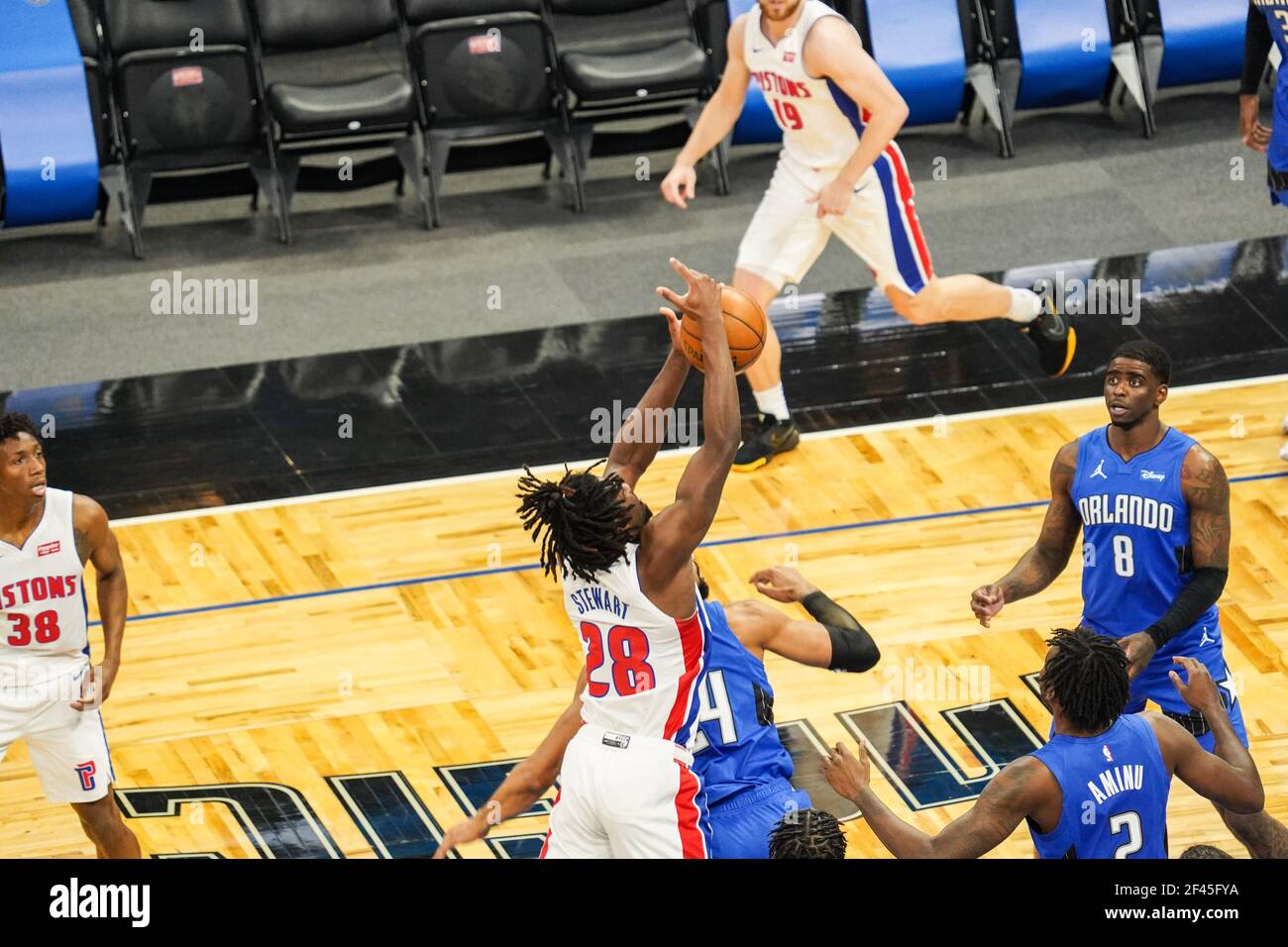 Orlando, Florida, USA, 21. Februar 2021, Detroit Pistons Gesicht der Orlando Magie im Amway Center (Foto: Marty Jean-Louis) Stockfoto