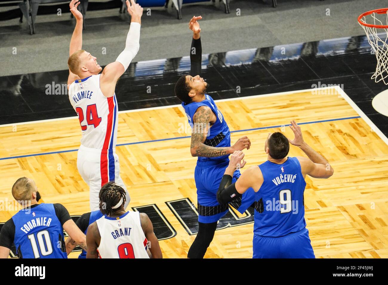 Orlando, Florida, USA, 21. Februar 2021, Detroit Pistons Gesicht der Orlando Magie im Amway Center (Foto: Marty Jean-Louis) Stockfoto