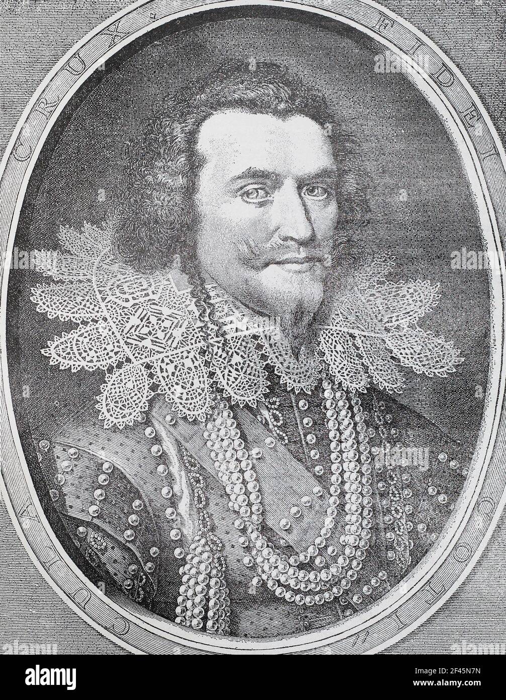 George Villiers, 1st Duke of Buckingham (1592 – 1628), war ein englischer Höfling, Staatsmann und Mäzen der Künste. Er war ein Favorit und möglicherweise auch ein Liebhaber von König James I. von England. Buckingham blieb die ersten drei Jahre der Regierungszeit von James' Sohn, König Karl I., auf dem Höhepunkt königlicher Gunst, bis ihn ein verärgerter Armeeoffizier ermordete. Gravur von 1626. Stockfoto