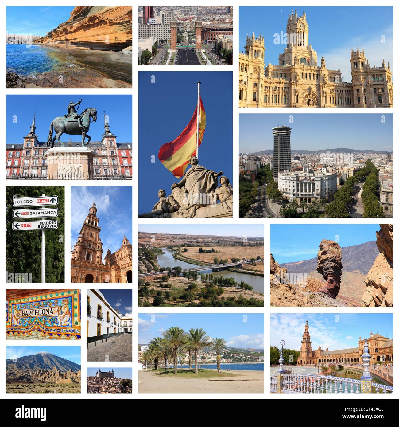 Reisecollage aus Spanien. Collage umfasst berühmte Orte wie Madrid, Barcelona, Toledo, Sevilla, Malaga und Teneriffa. Stockfoto