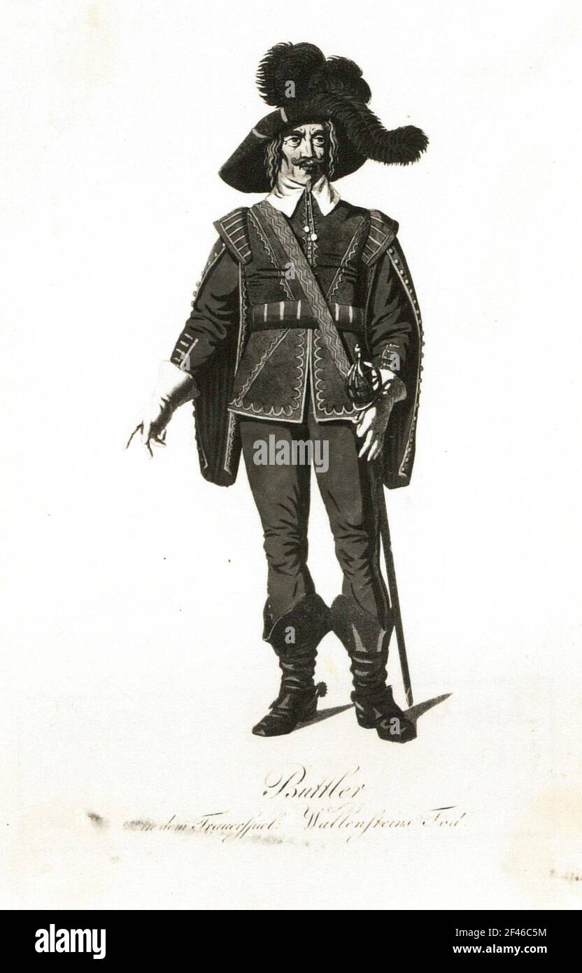Theaterkostüm 'Buttler im Tragödienspiel Wallensteins Tod' (Farbstich, 24,6 x 16,3 cm). Aus: Kostüme aus dem Königlichen Nationaltheater Berlin, Berlin 1808 Stockfoto