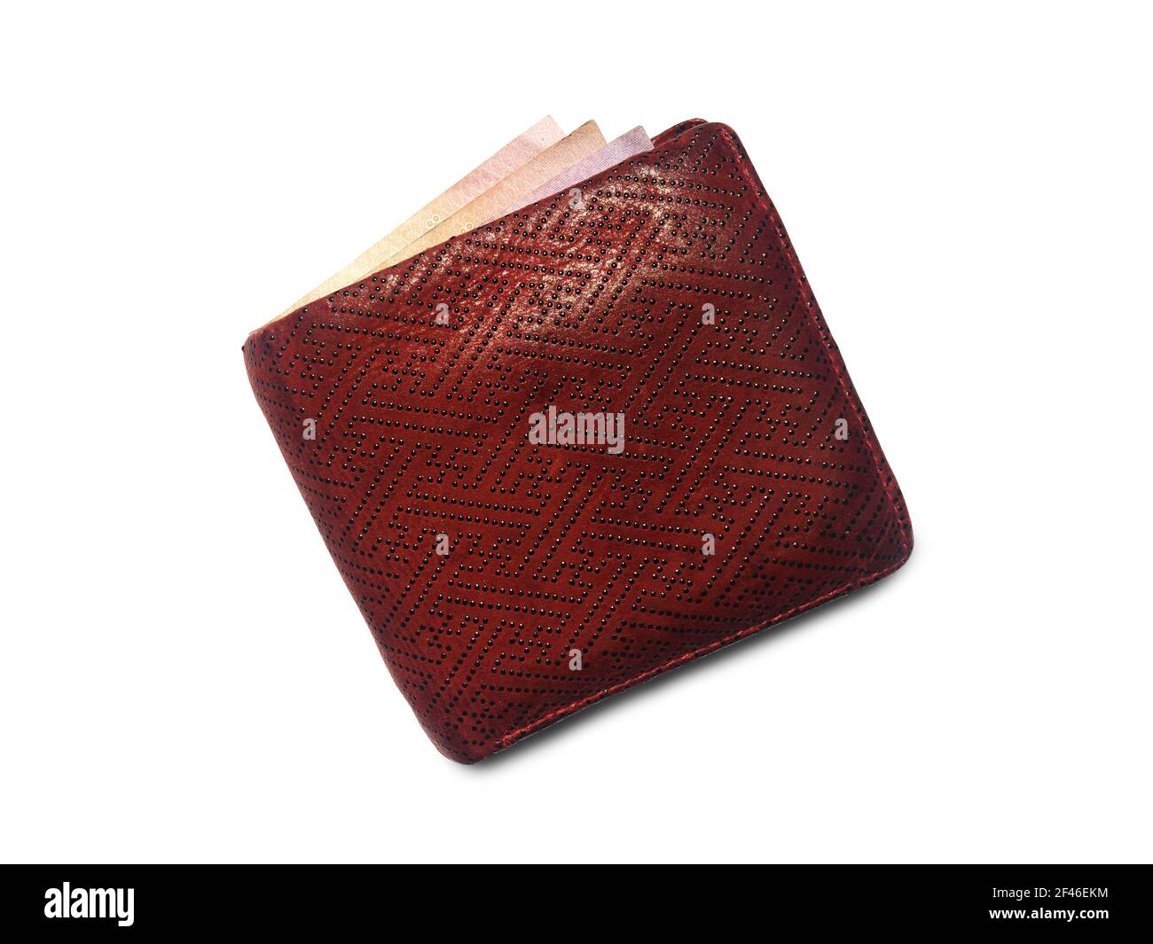 Draufsicht auf Hirsch echtem Leder Geldbörse mit roter Farbe und Muster isoliert auf weißem Hintergrund. Clipping Pfad für Design und Arbeit Stockfoto