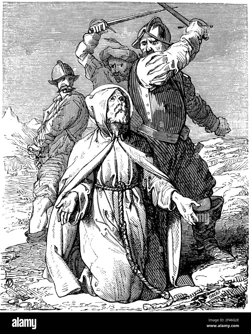 San Fidel de Sigmaringa (1577-1622), presbítero capuchino, mártir por su negativa a convertirse al protestantismo. Grabado de 1852. Stockfoto