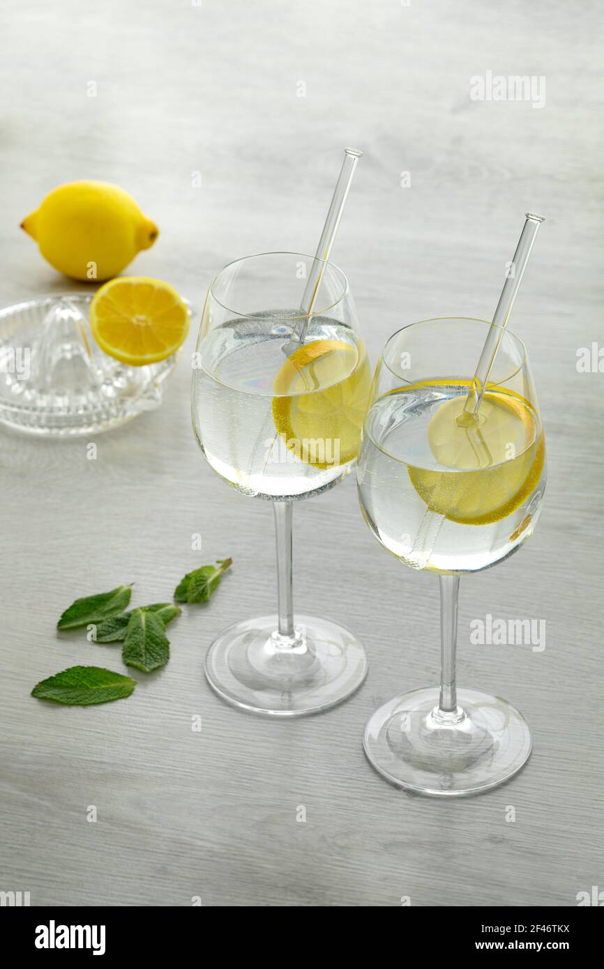 Zwei Gläser mit Wasser und frische Zitronenscheibe und ein Zitruspresse im Hintergrund Stockfoto