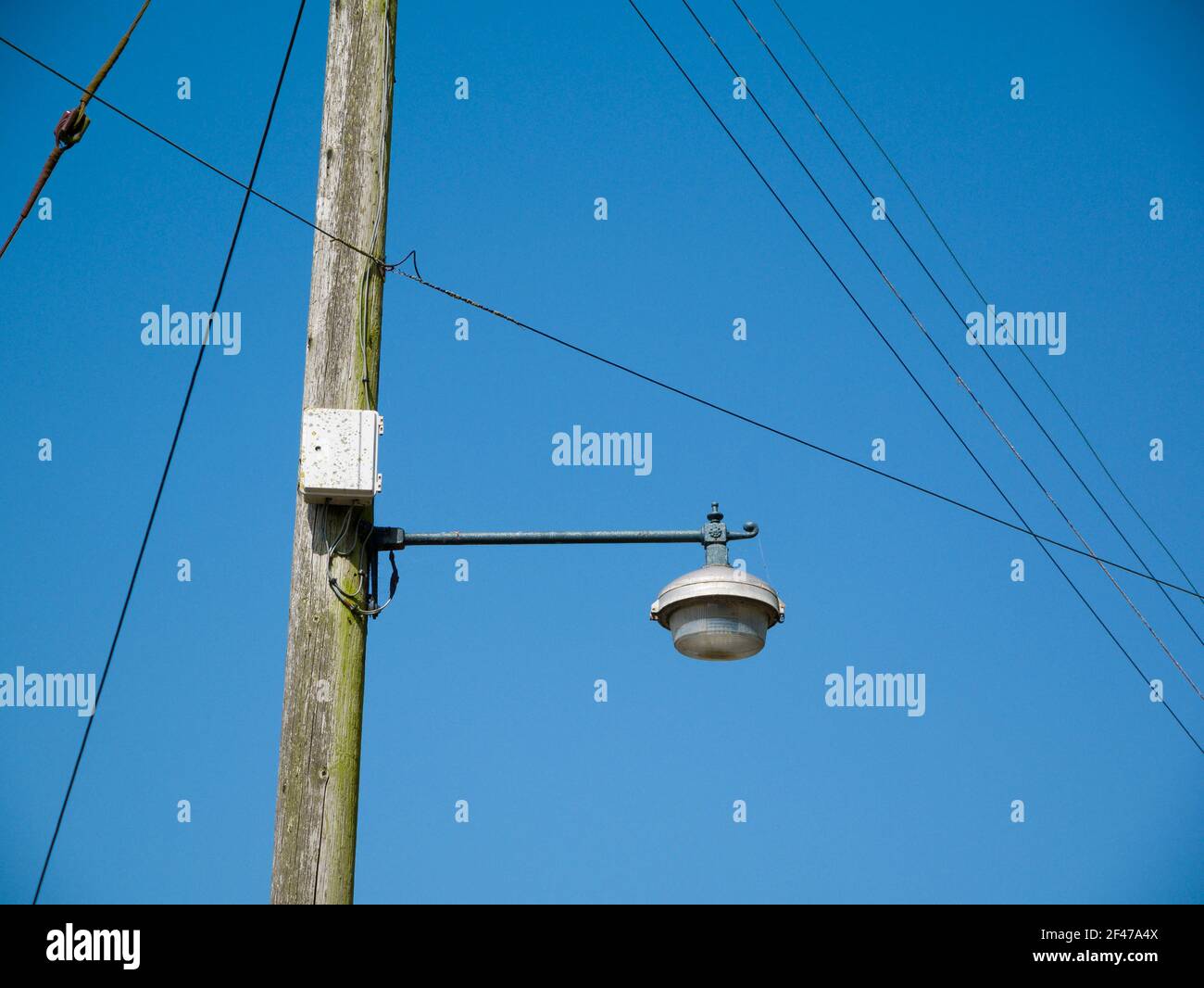 Ein Holzmast, der 230-Volt-Stromkabel, Telefonkabel und eine Straßenlaterne in einem Dorf im Südwesten Englands unterstützt. Stockfoto