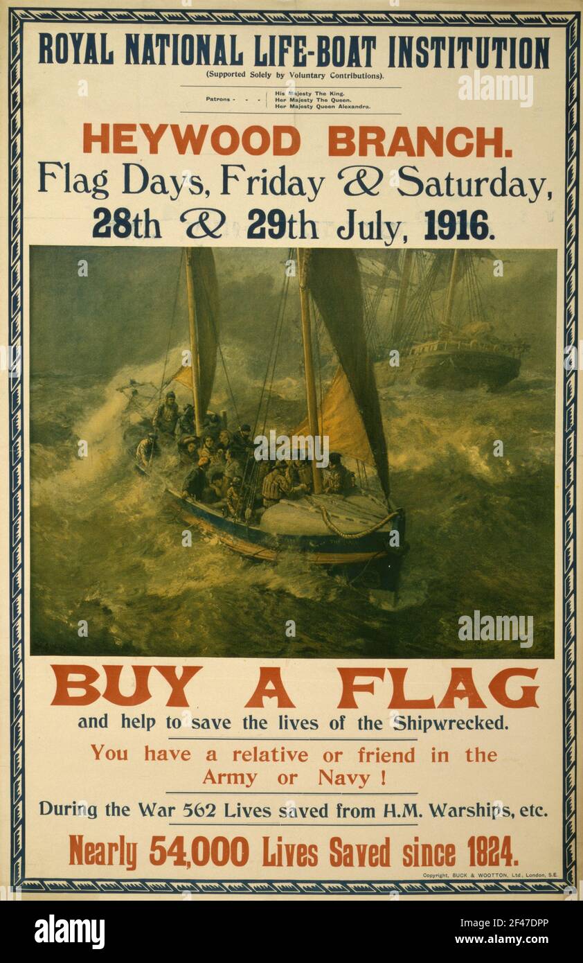 Ein Plakat 1915 für den RNLI Heywood Branch Flag Day Fundraising Stockfoto