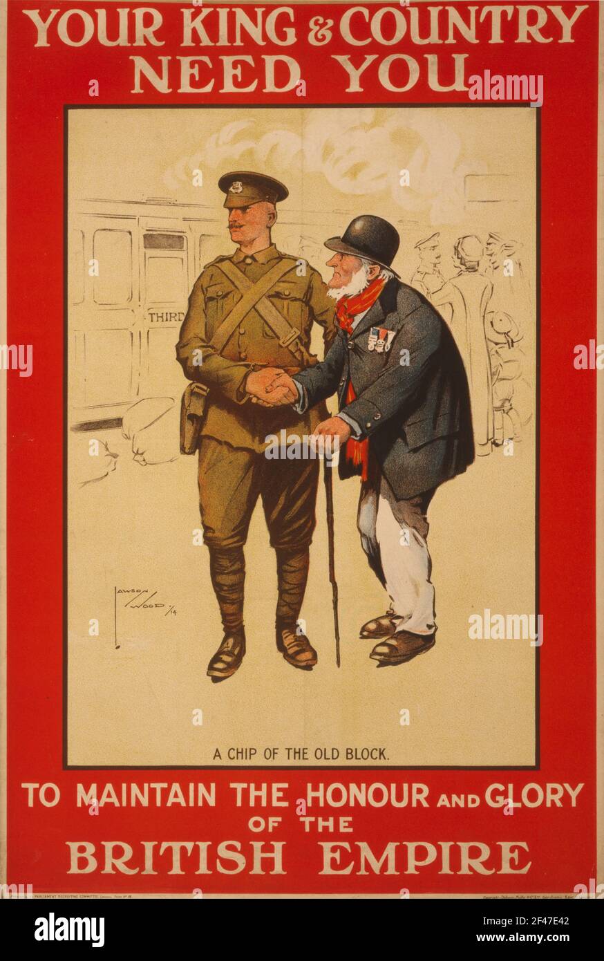 Ein erstes Plakat für die Rekrutierung von Weltkriegen, auf dem Ihr König und Ihr König steht Land Braucht Dich Stockfoto