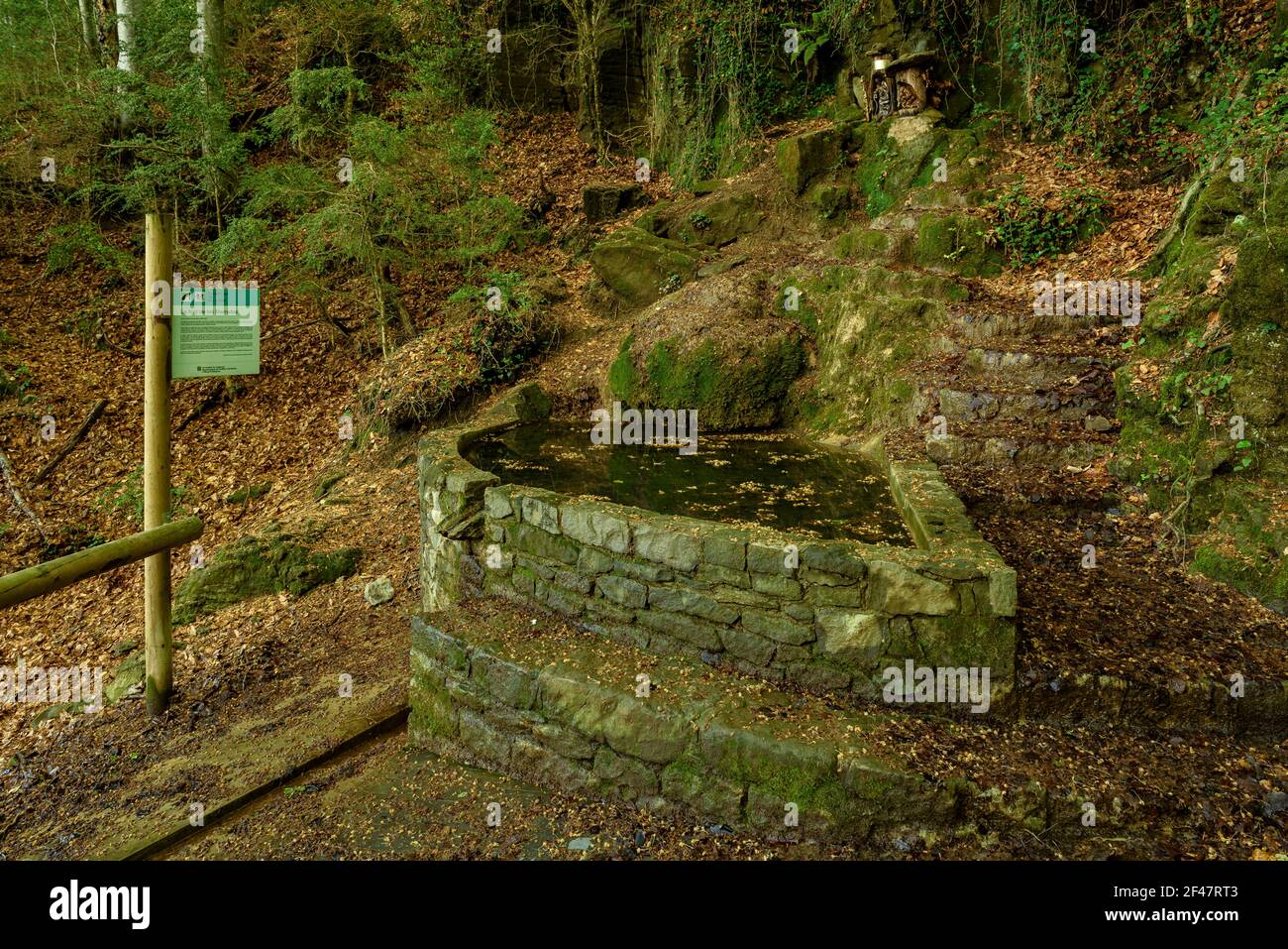 Les Marrades Quelle auf dem RAL-Pfad zwischen Vic und Olot (Garrotxa, Katalonien) ESP: La fuente de las Marrades, en un tramo del camino ral de Vic-Olot Stockfoto