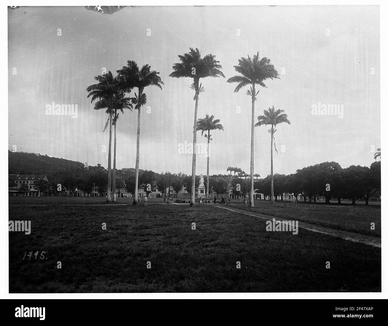 Fort de France, Martinique. La Placa de la Sarane im Hafenviertel mit Jospehnendenkmal (um 1910) unter Palmen Stockfoto