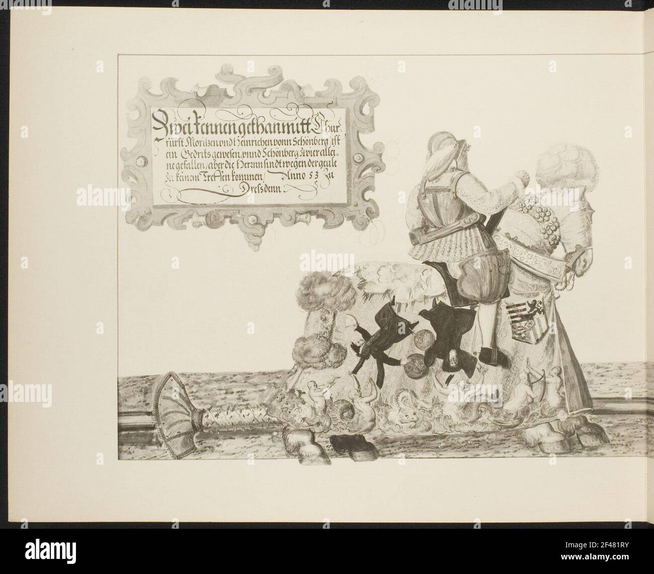 Zwei Rennen Gethan Mitt Churfürst Moritzen und Heinrichen von Schönberg ... Anno 53 bis Dreßden (linker Teil von Tabelle 34 [Gesamtarbeit] = Blatt 22 [Turnierbuch]) Stockfoto