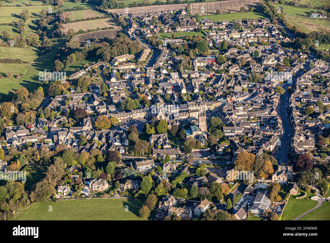 Eine Luftaufnahme der Cotswold-Stadt Stow on the Wold, Gloucestershire, Großbritannien Stockfoto