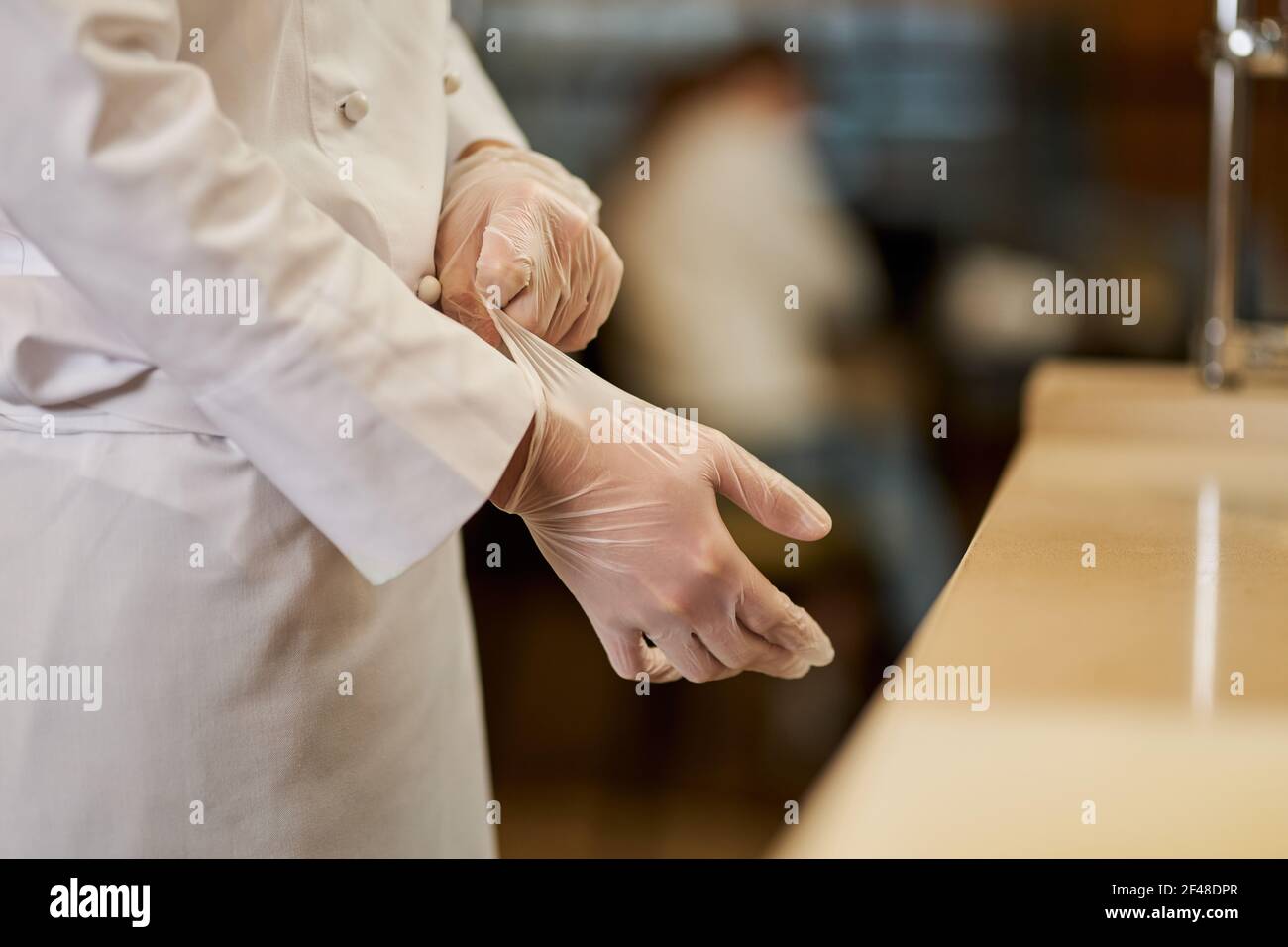 Koch bereitet sich auf die Arbeit vor und legt Handschuhe an Stockfoto