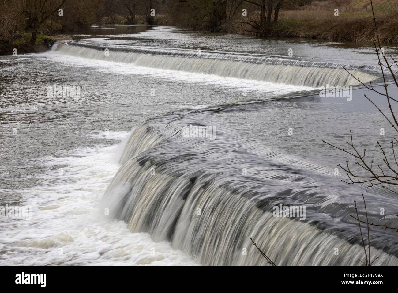 Warleigh Weir fotografiert im März ohne Menschen anwesend, Claverton, Bath, Somerset, England, VEREINIGTES KÖNIGREICH Stockfoto