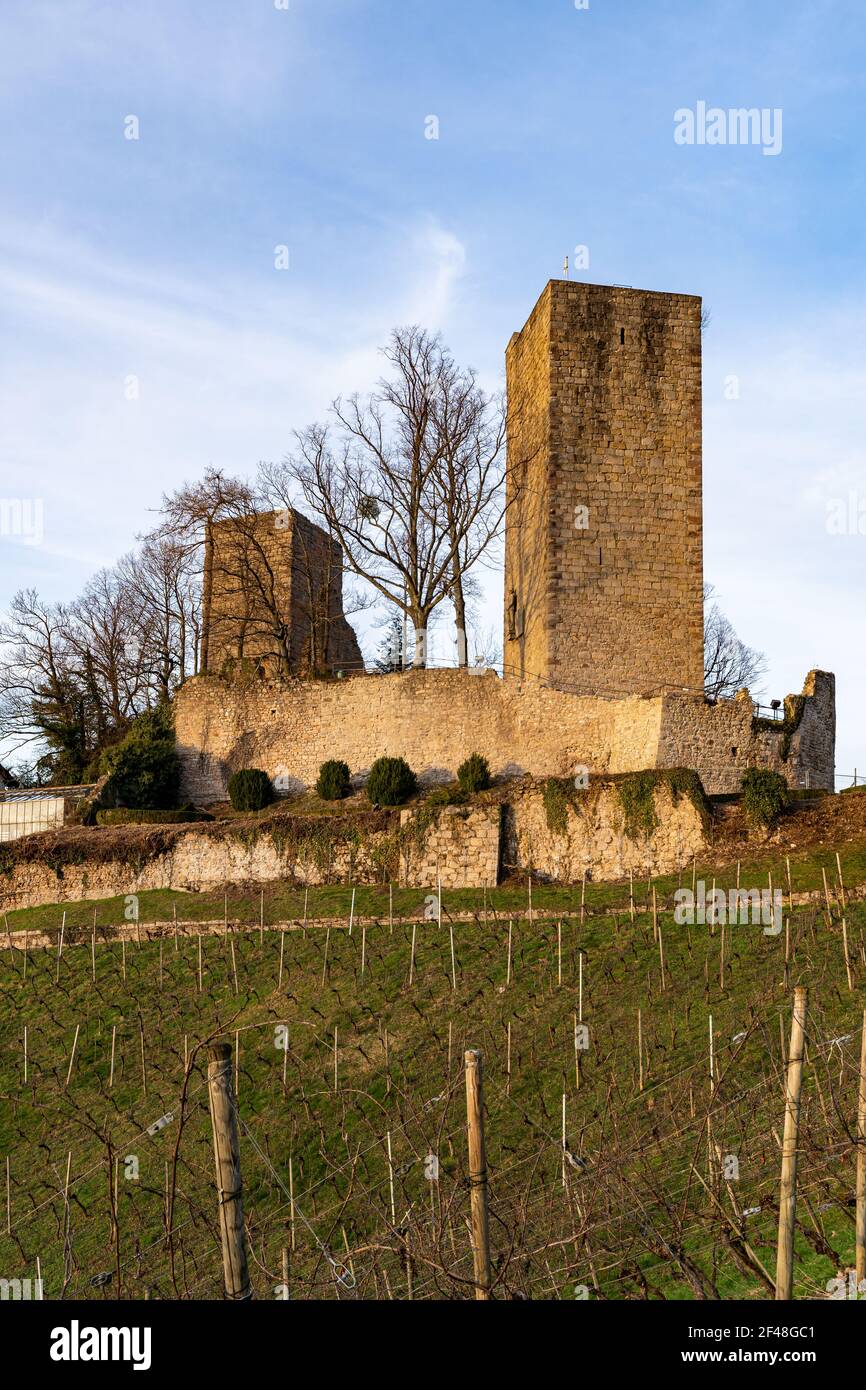 Eine vertikale Aufnahme der Burgruine Windeck im Schwarzwald Stockfoto