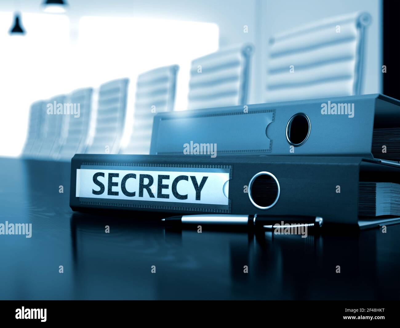 Secrecy - Aktenordner auf hölzernen Bürotisch. Geheimhaltung - Geschäftskonzept auf toned Hintergrund. Geheimhaltung - Konzept. 3D Rendern. Stockfoto