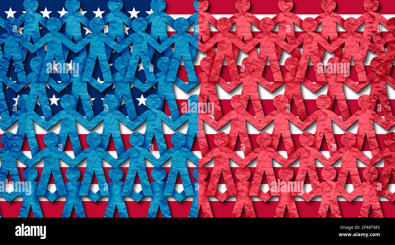 Blaue und rote Staaten von amerika als amerikanisches Volk, das sich mit der konservativen rechten und der liberal-linken Bevölkerung mit einer US-Flagge zusammenschließt. Stockfoto