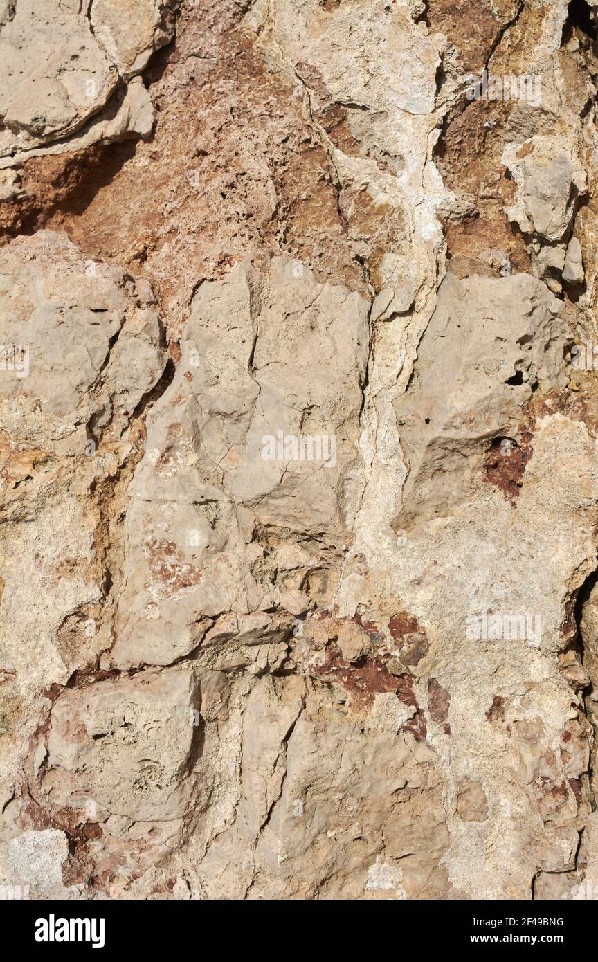Eine vertikale Nahaufnahme einer strukturierten rauen Steinoberfläche Stockfoto