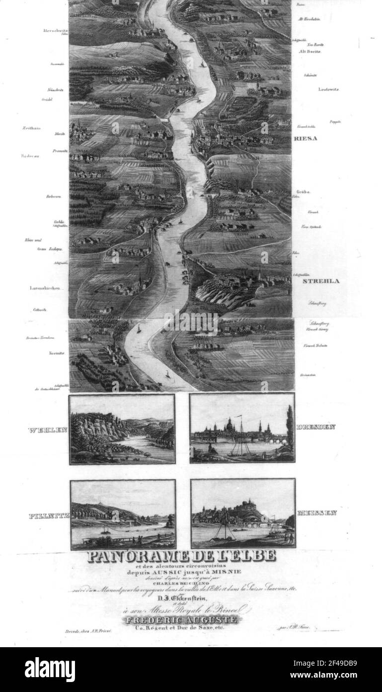 Carl Heinrich Beichling (1803-1876). Panorama der Elbe, 1831. Drucken Sie Erneut 1993,1994. Ausschnitt Elbpanorama Hirschstein - Ende (Strehla), Wanderortblick, Pillnitz, Dresden und Meißen. Dresden Slub S.B. 2221 Stockfoto