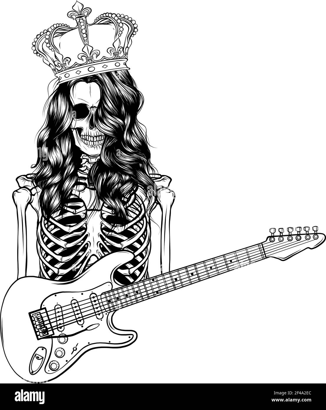 Zeichnen Sie in Schwarz und Weiß des Königs menschlichen Skelett spielen Auf E-Gitarre Stock Vektor