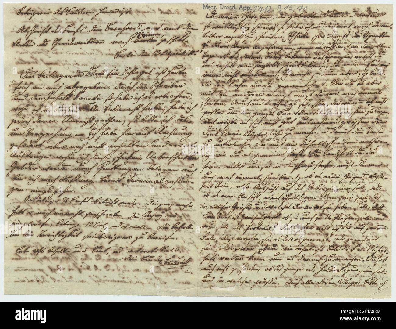 Brief von Friedrich Teck an August Wilhelm Schlegel, vorne und hinten Stockfoto