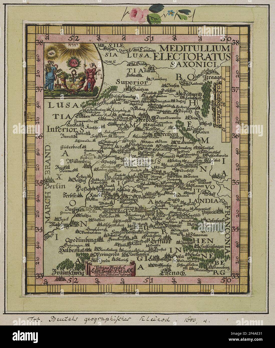 Tasche, Tobias: Meditullium Electroratus Saxonici [Sachsen] [Maßstab 1: 2300000], [Dresden 1680], 12,0 x 14,9 cm [Kupferstich] Electoratus Zentrum Sachsen, Bremen, 1: 2300000, Kupferstich, 1680 Stockfoto