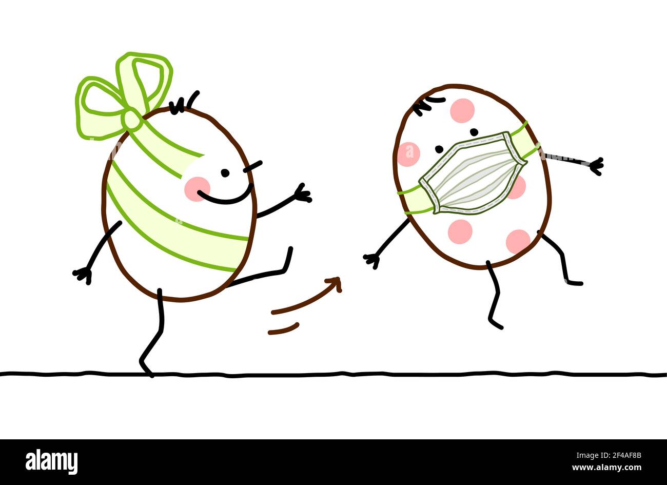 Handgezeichnetes Cartoon Osterei mit Band, die ein weiteres mit Maske herauskommt Stockfoto