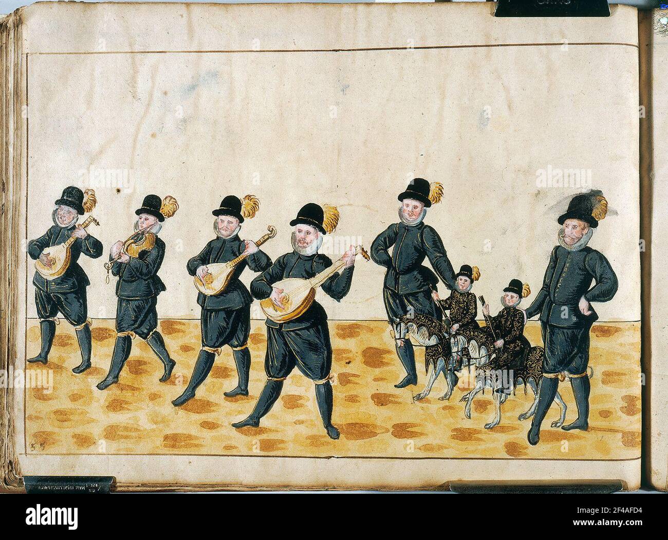 Spielleute vor dem Reiten Kinderpaar. Ring Races 1574 im Dresdner Schloss Stockfoto