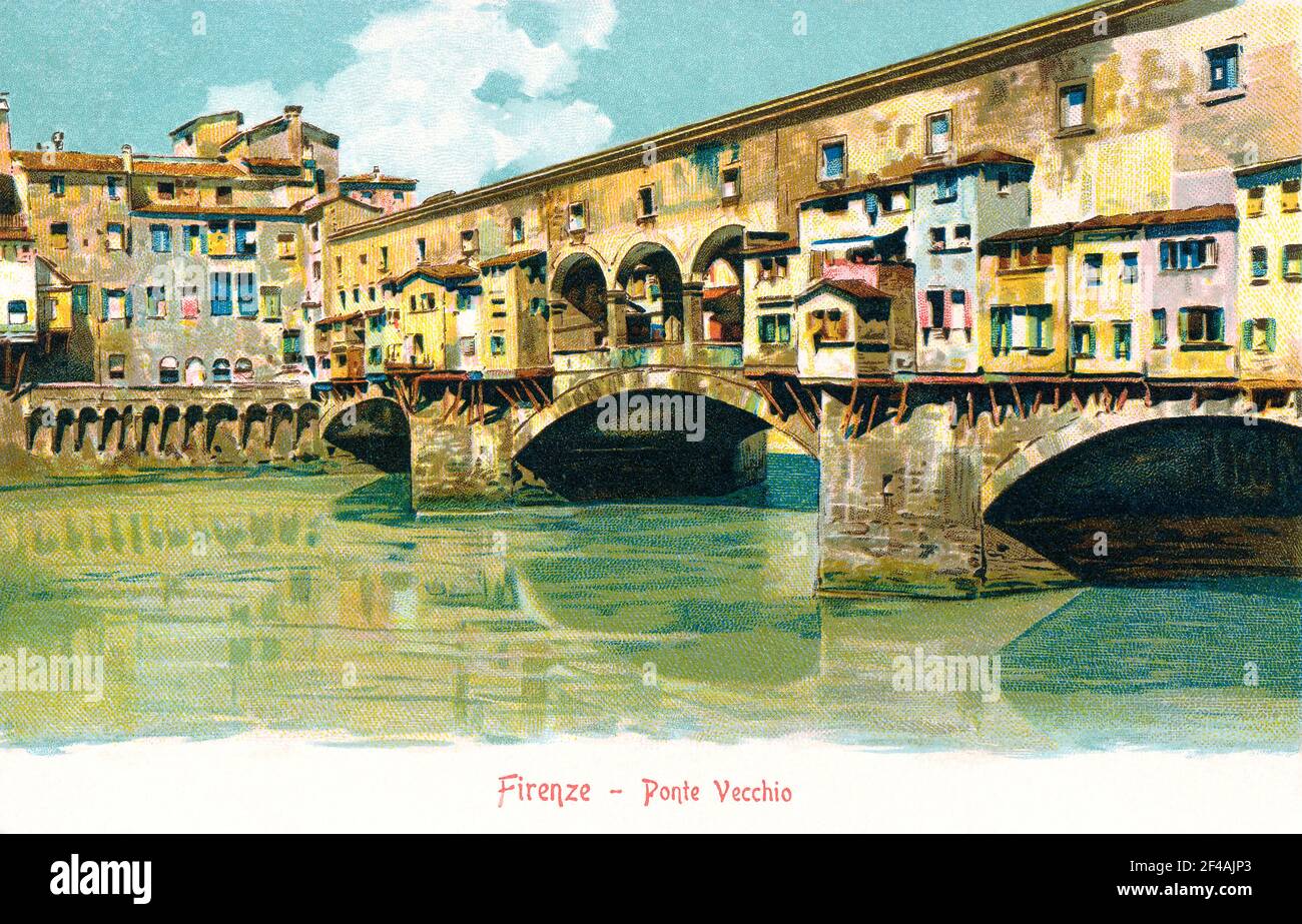 Alte Postkarte aus edwardianischer Zeit der Ponte Vecchio in Florenz, Italien. Stockfoto