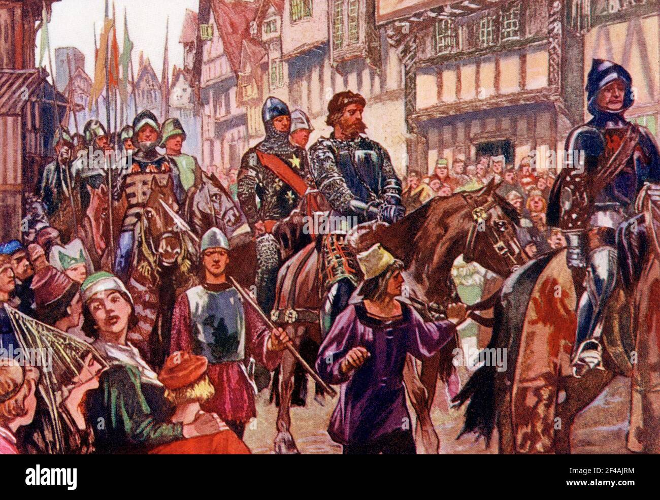 Diese Illustration von 1902 zeigt Wallace in Chains nach London gebracht. Sir William Wallace förderte aktiven Widerstand gegen die Herrschaft von König Edward I. in Schottland, nachdem Edward die Abdankung und Usurpation der Krone von John Balliol erzwungen hatte. Nach der Niederlage in der Schlacht von Falkirk am 22. Juli 1298, Wallace ging nach Frankreich, wo er versuchte, Französisch Unterstützung für die Rebellion in Schottland zu gewinnen, aber die Bemühungen erwies sich letztlich vergeblich und Wallace, wieder in Großbritannien, aber die Weigerung, sich der englischen Herrschaft, blieb auf der Flucht. Er wurde am 5. August 1305 von Sir John Monteith in der Nähe von Glasgow gefangen genommen. Nach Carlisle gebracht Stockfoto