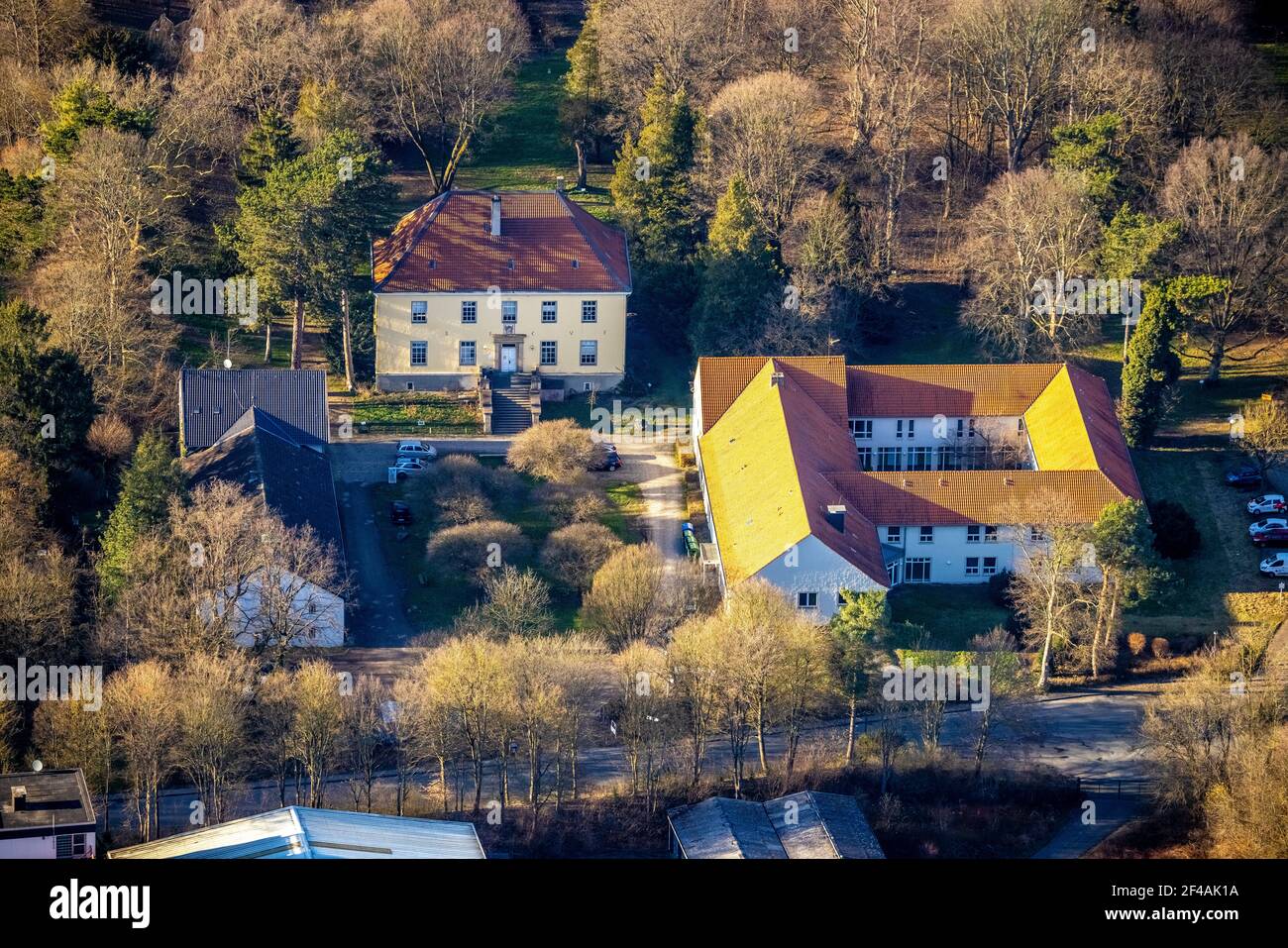 Luftaufnahme, Journalistenzentrum Haus Busch 2019 geschlossen, Biologische Station Hagen - Umweltzentrum Hagen, NABU Hagen, Boele, Hagen, Ruhrgebiet, Norden Stockfoto